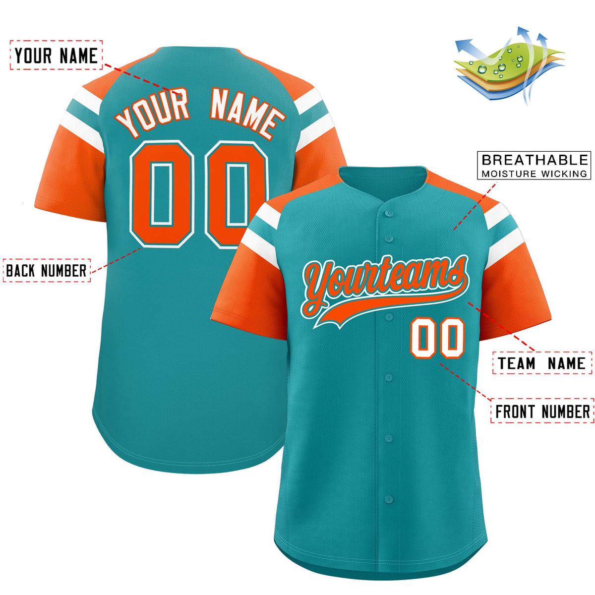 Custom Aqua Orange Contrast Raglan Sleeves Authentic Baseball Jersey
