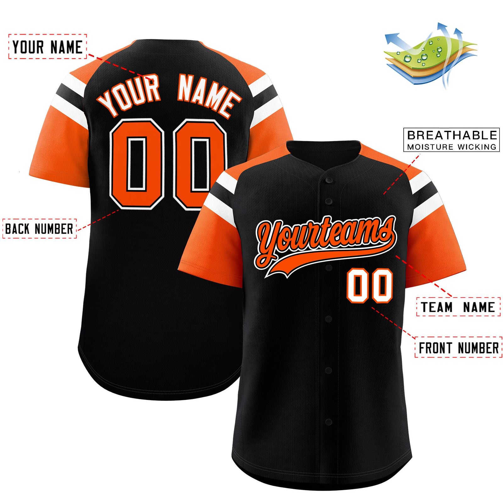 Custom Black Orange Contrast Raglan Sleeves Authentic Baseball Jersey