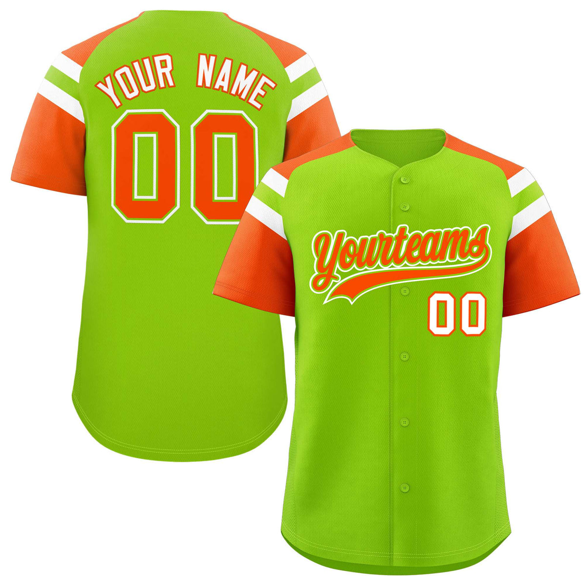 Custom Neon Green Orange Contrast Raglan Sleeves Authentic Baseball Jersey