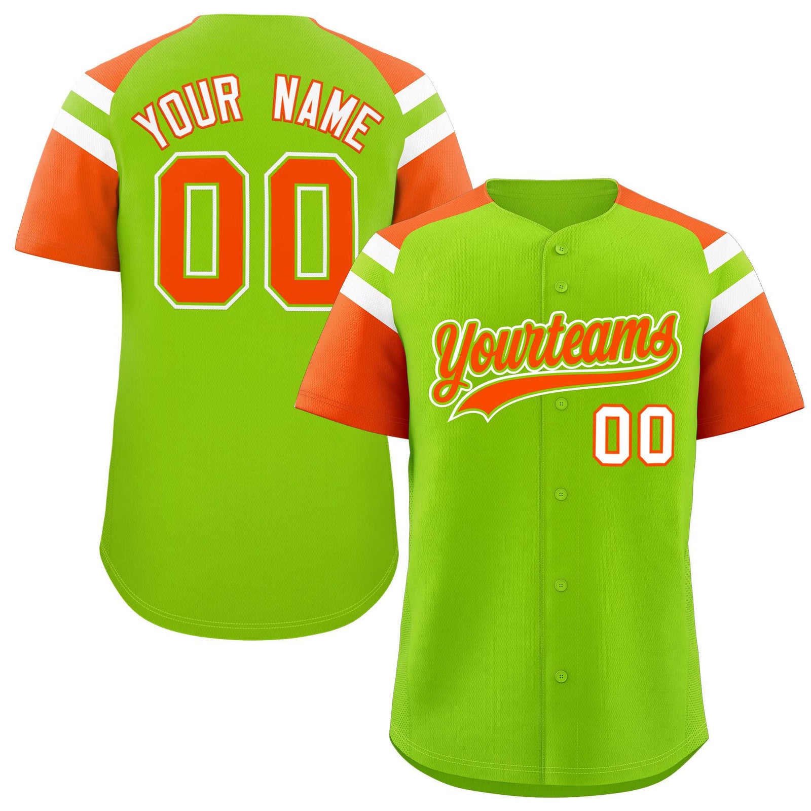 Custom Neon Green Orange Contrast Raglan Sleeves Authentic Baseball Jersey