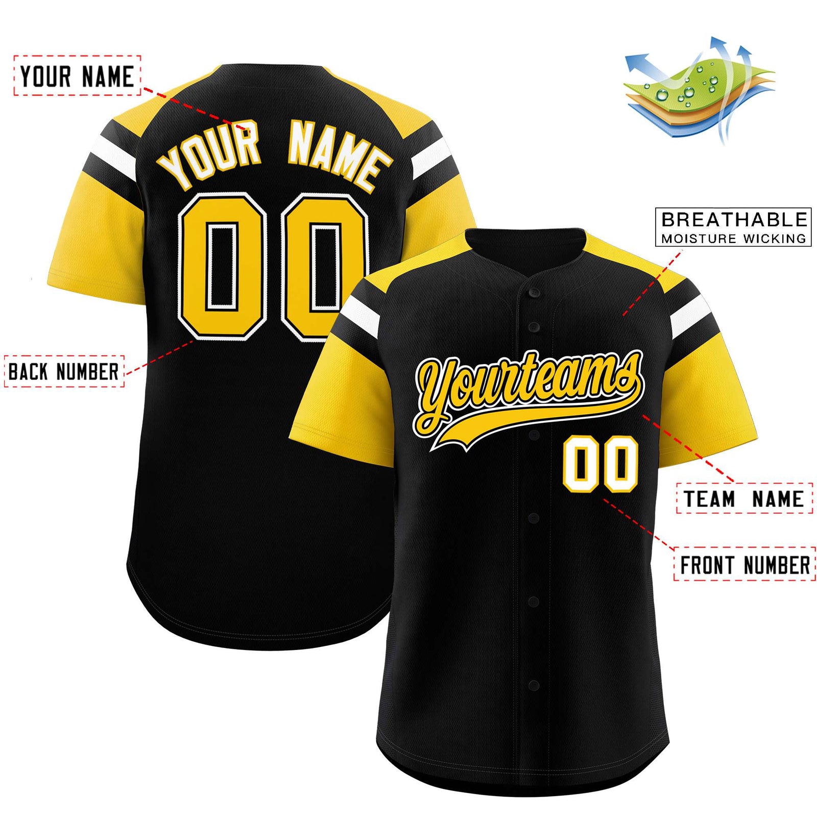 Custom Black Gold Contrast Raglan Sleeves Authentic Baseball Jersey