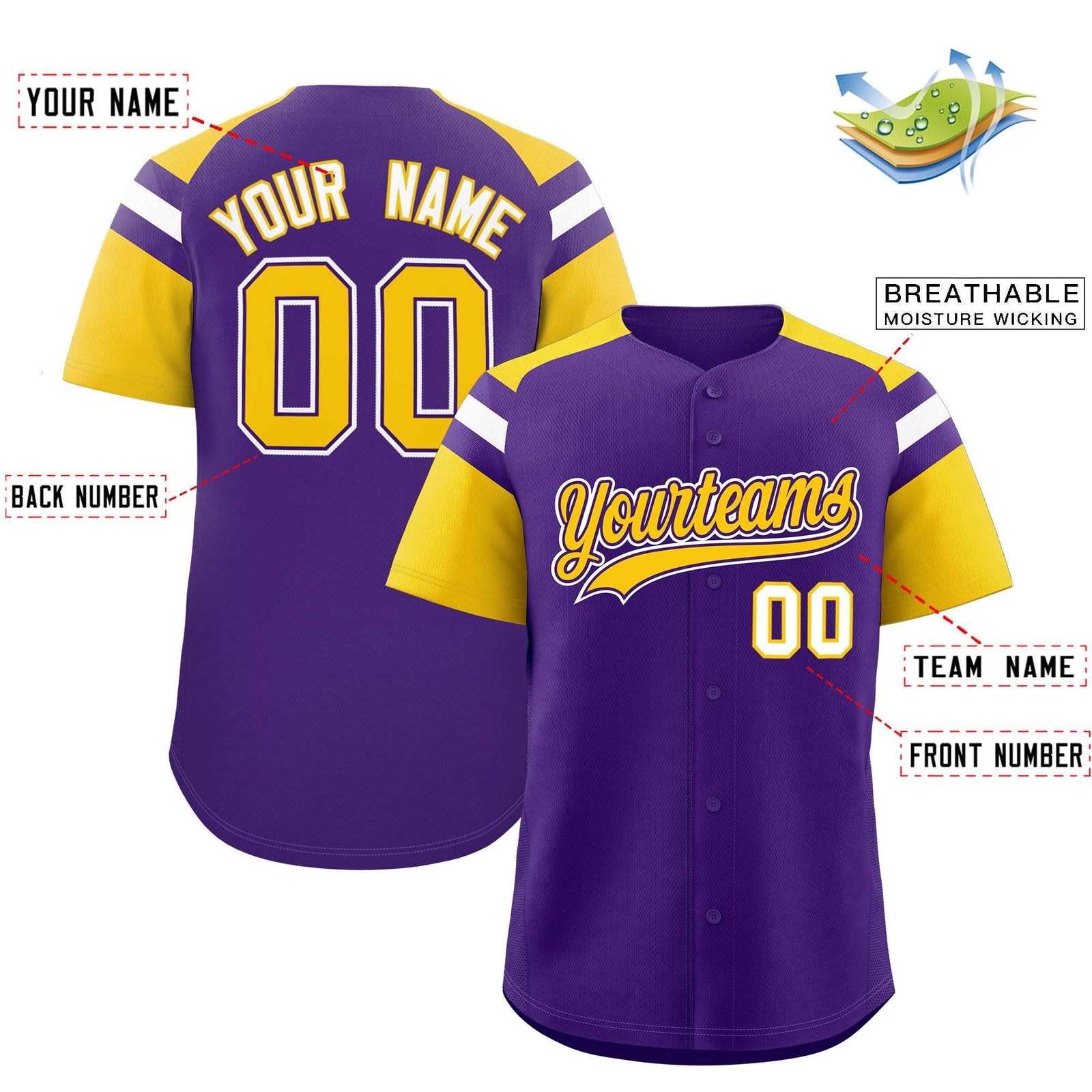 Custom Purple Gold Contrast Raglan Sleeves Authentic Baseball Jersey