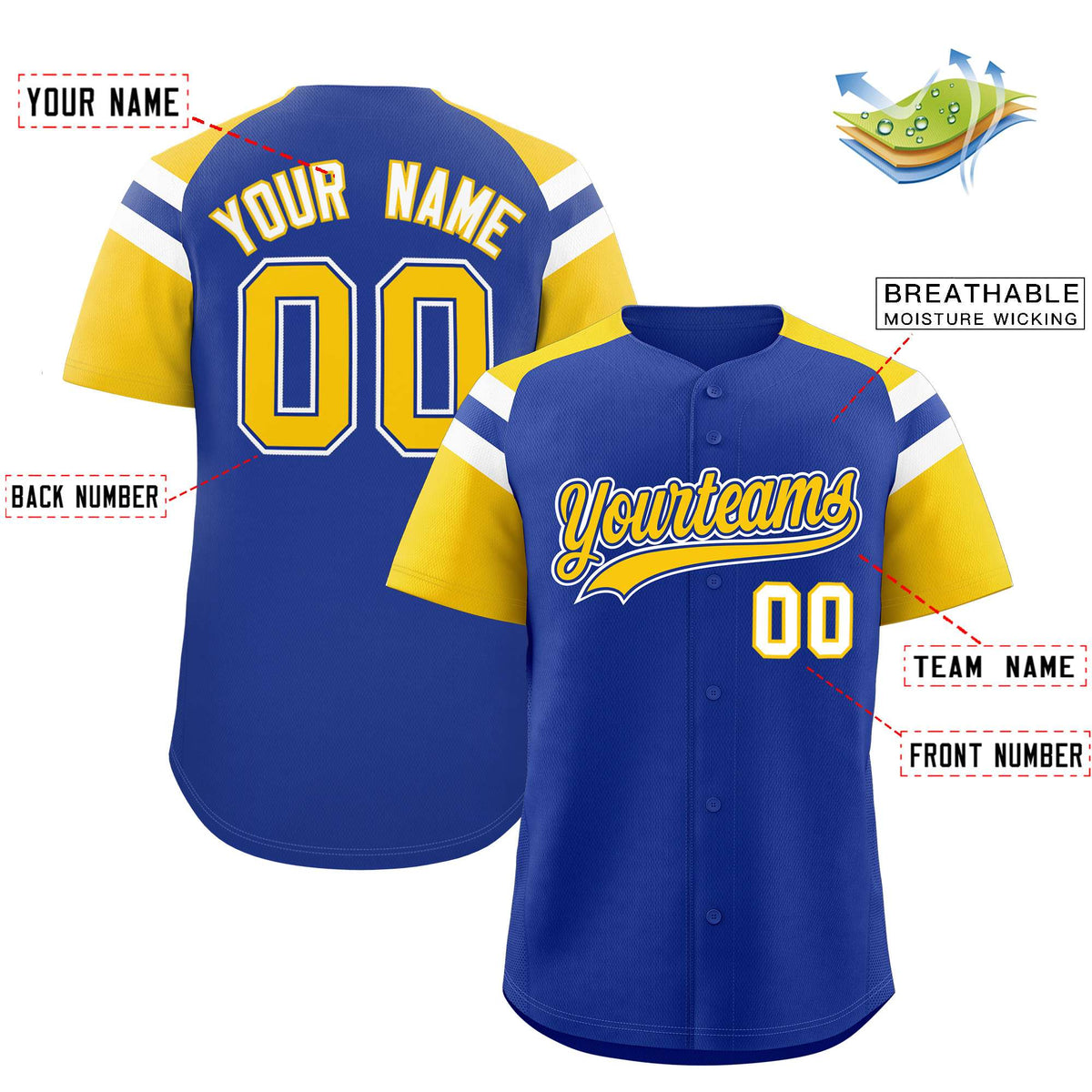 Custom Royal Gold Contrast Raglan Sleeves Authentic Baseball Jersey