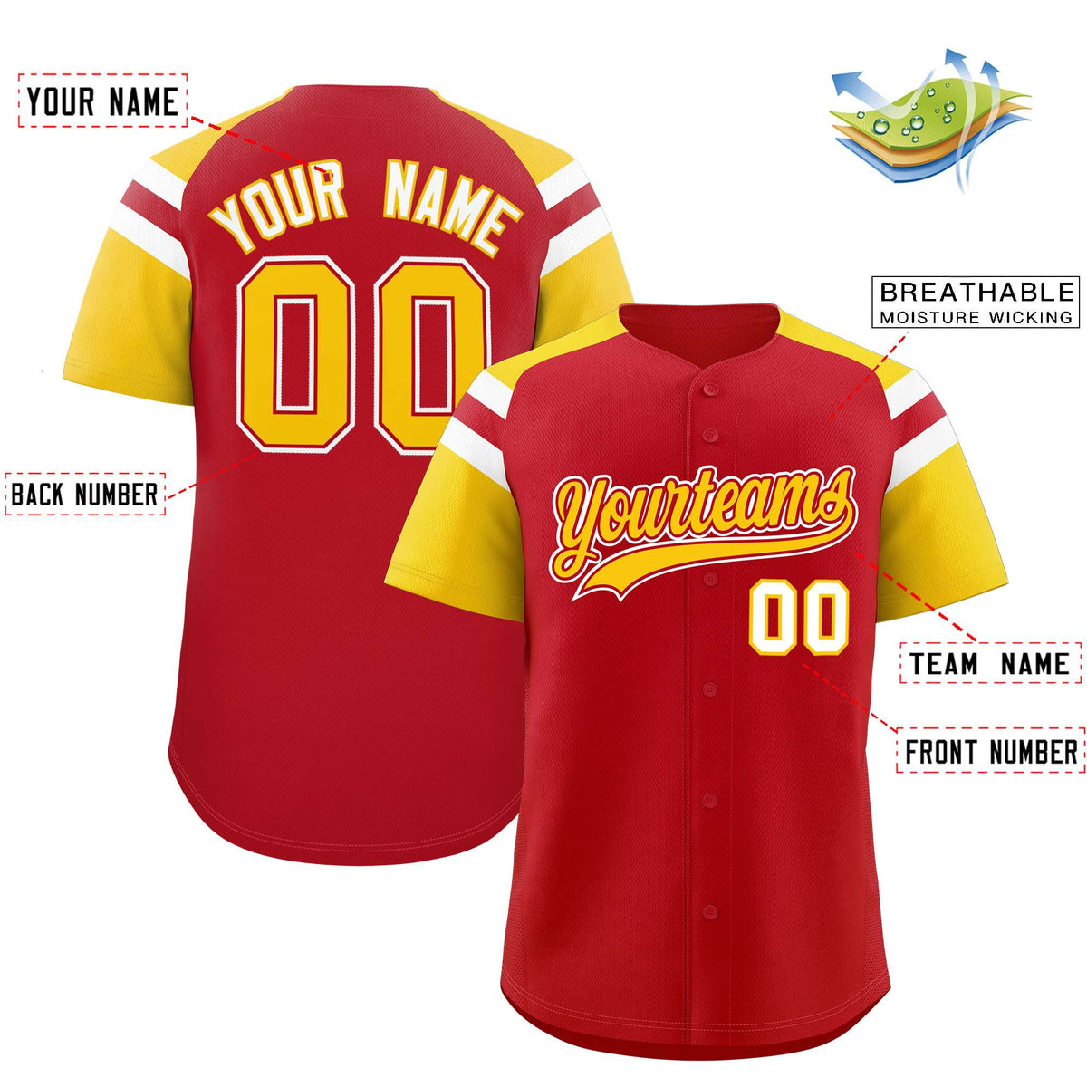 Custom Red Gold Contrast Raglan Sleeves Authentic Baseball Jersey