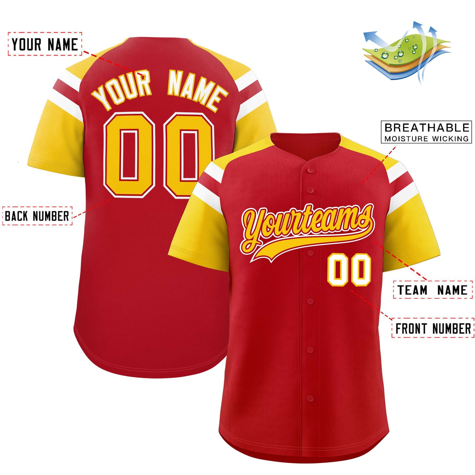 Custom Red Gold Contrast Raglan Sleeves Authentic Baseball Jersey