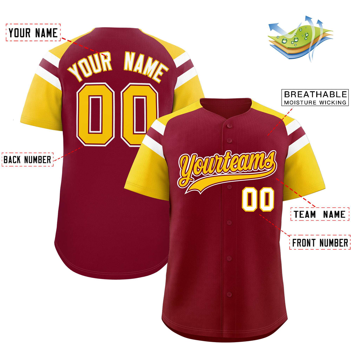 Custom Crimson Gold Contrast Raglan Sleeves Authentic Baseball Jersey