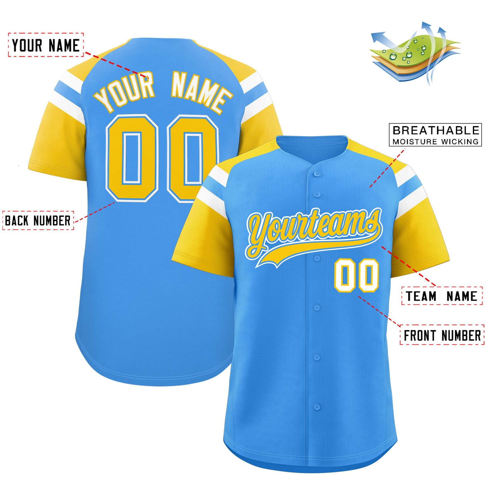 Custom Powder Blue Gold Contrast Raglan Sleeves Authentic Baseball Jersey