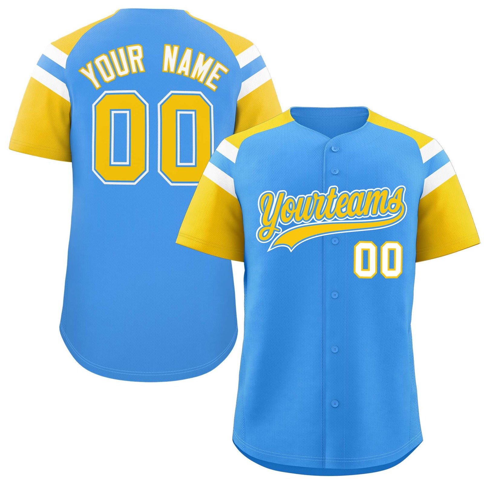 Custom Powder Blue Gold Contrast Raglan Sleeves Authentic Baseball Jersey