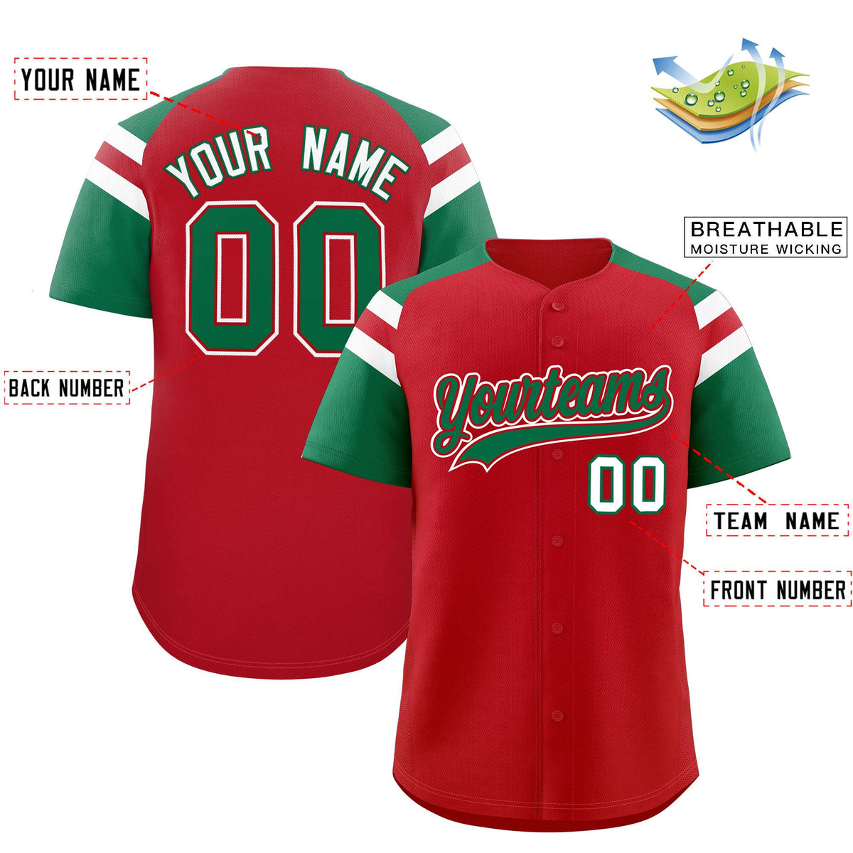 Custom Red Kelly Green Contrast Raglan Sleeves Authentic Baseball Jersey
