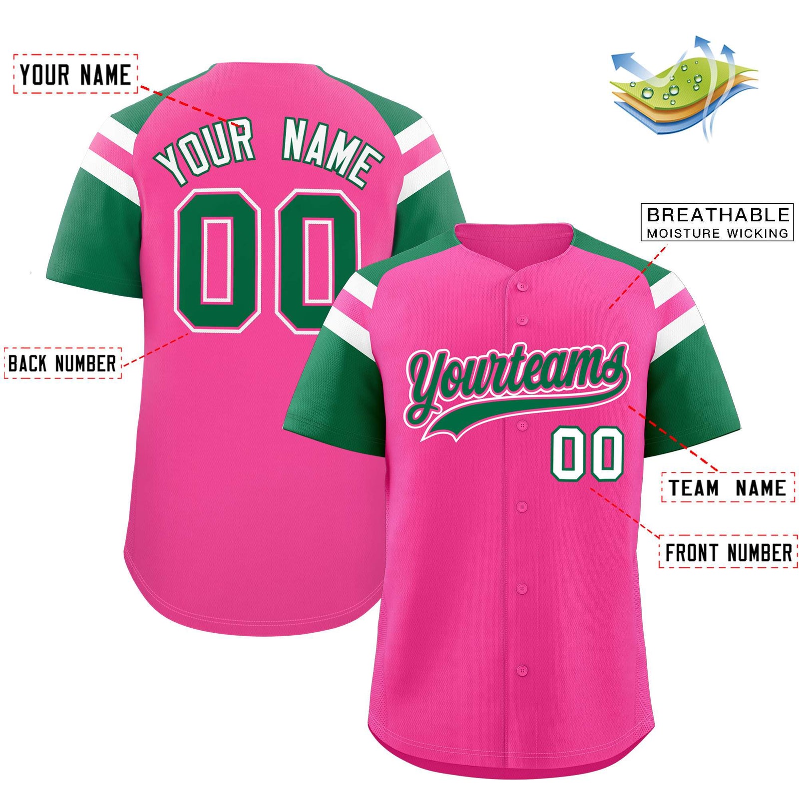Custom Pink Kelly Green Contrast Raglan Sleeves Authentic Baseball Jersey