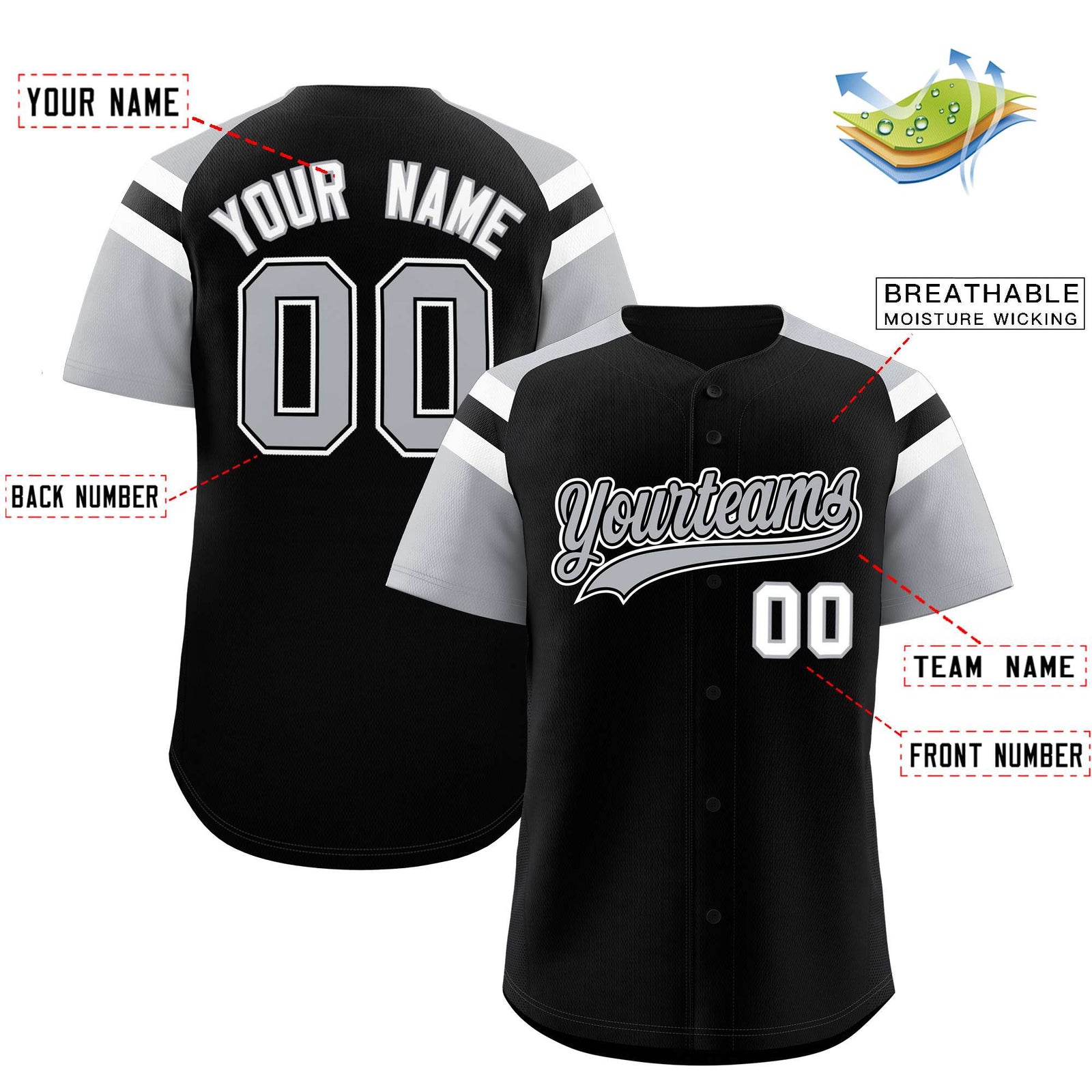 Custom Black Silver Contrast Raglan Sleeves Authentic Baseball Jersey