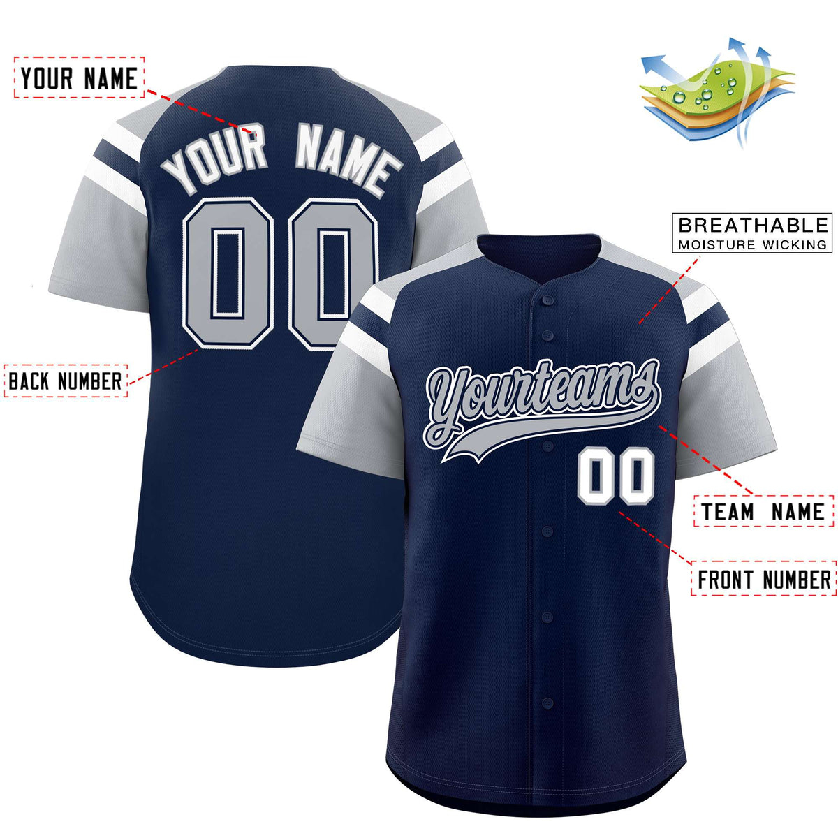 Custom Navy Silver Contrast Raglan Sleeves Authentic Baseball Jersey