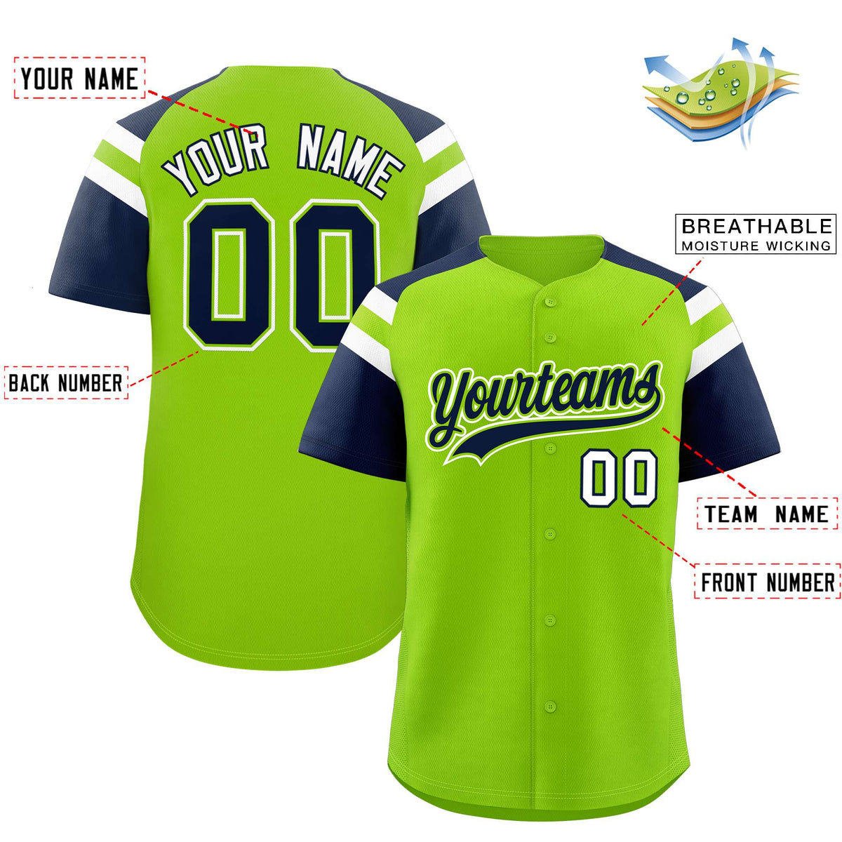 Custom Neon Green Navy Contrast Raglan Sleeves Authentic Baseball Jersey