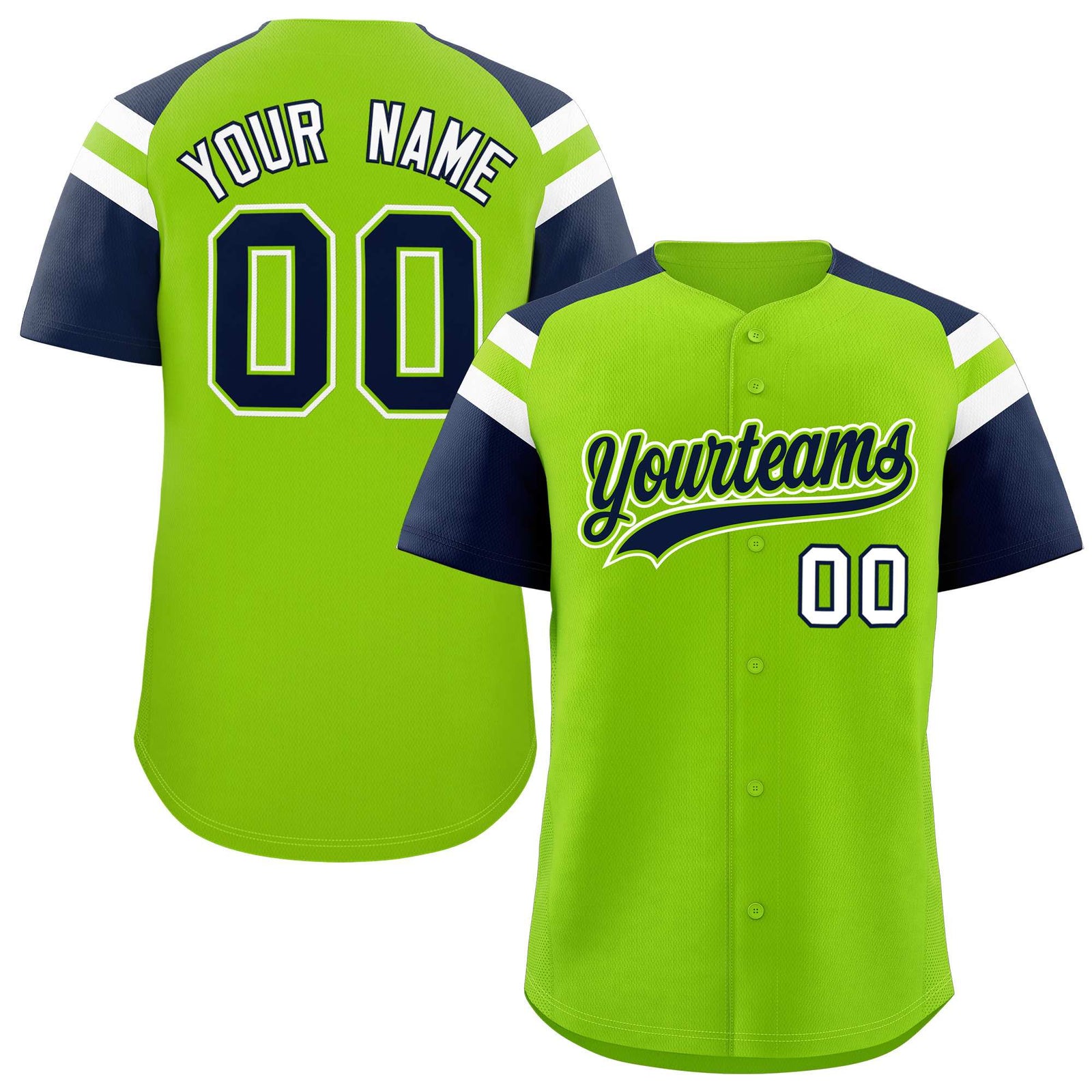 Custom Neon Green Navy Contrast Raglan Sleeves Authentic Baseball Jersey