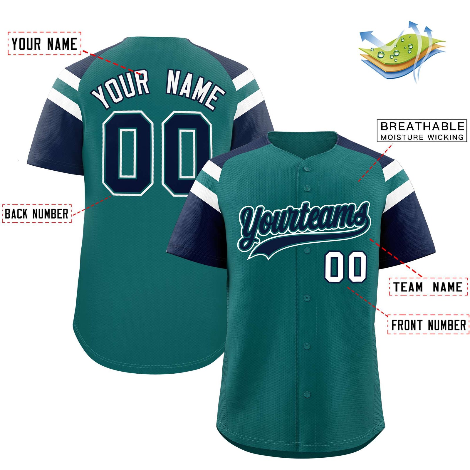 Custom Aqua Navy Contrast Raglan Sleeves Authentic Baseball Jersey