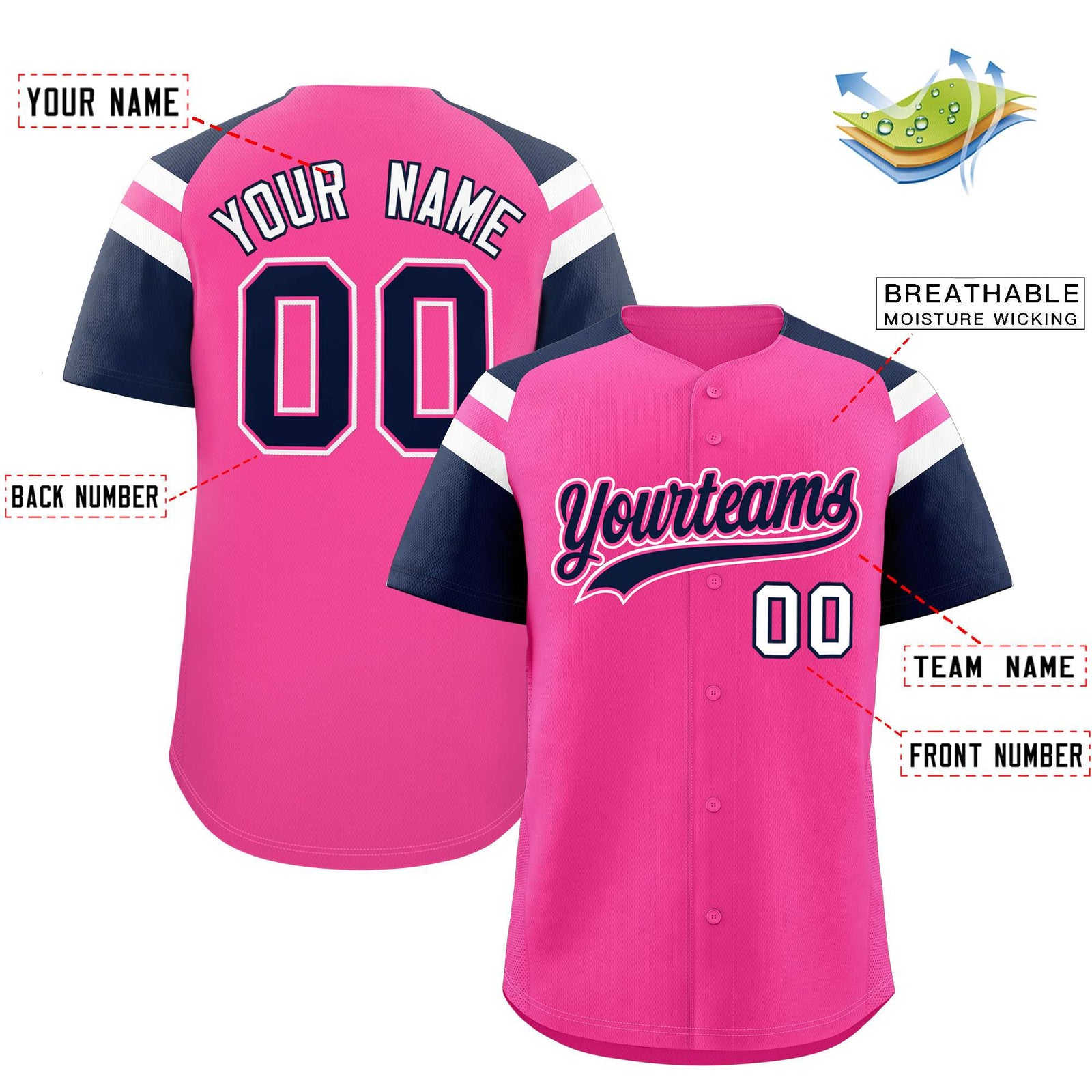 Custom Pink Navy Contrast Raglan Sleeves Authentic Baseball Jersey