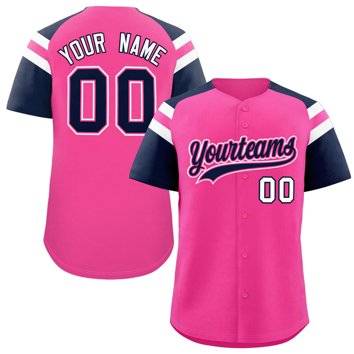 Custom Pink Navy Contrast Raglan Sleeves Authentic Baseball Jersey