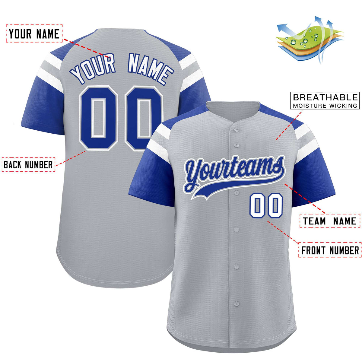 Custom Silver Royal Contrast Raglan Sleeves Authentic Baseball Jersey