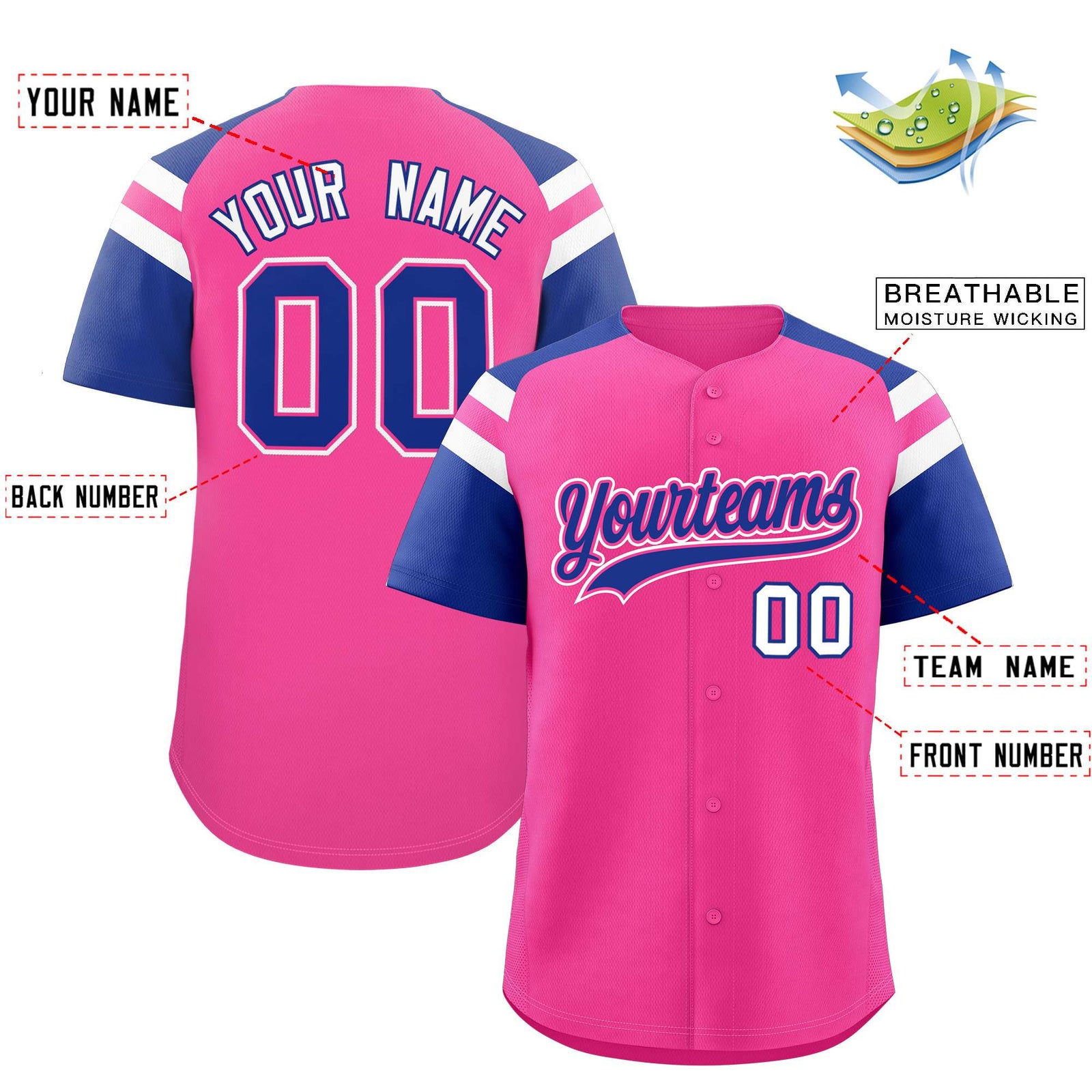 Custom Pink Royal Contrast Raglan Sleeves Authentic Baseball Jersey