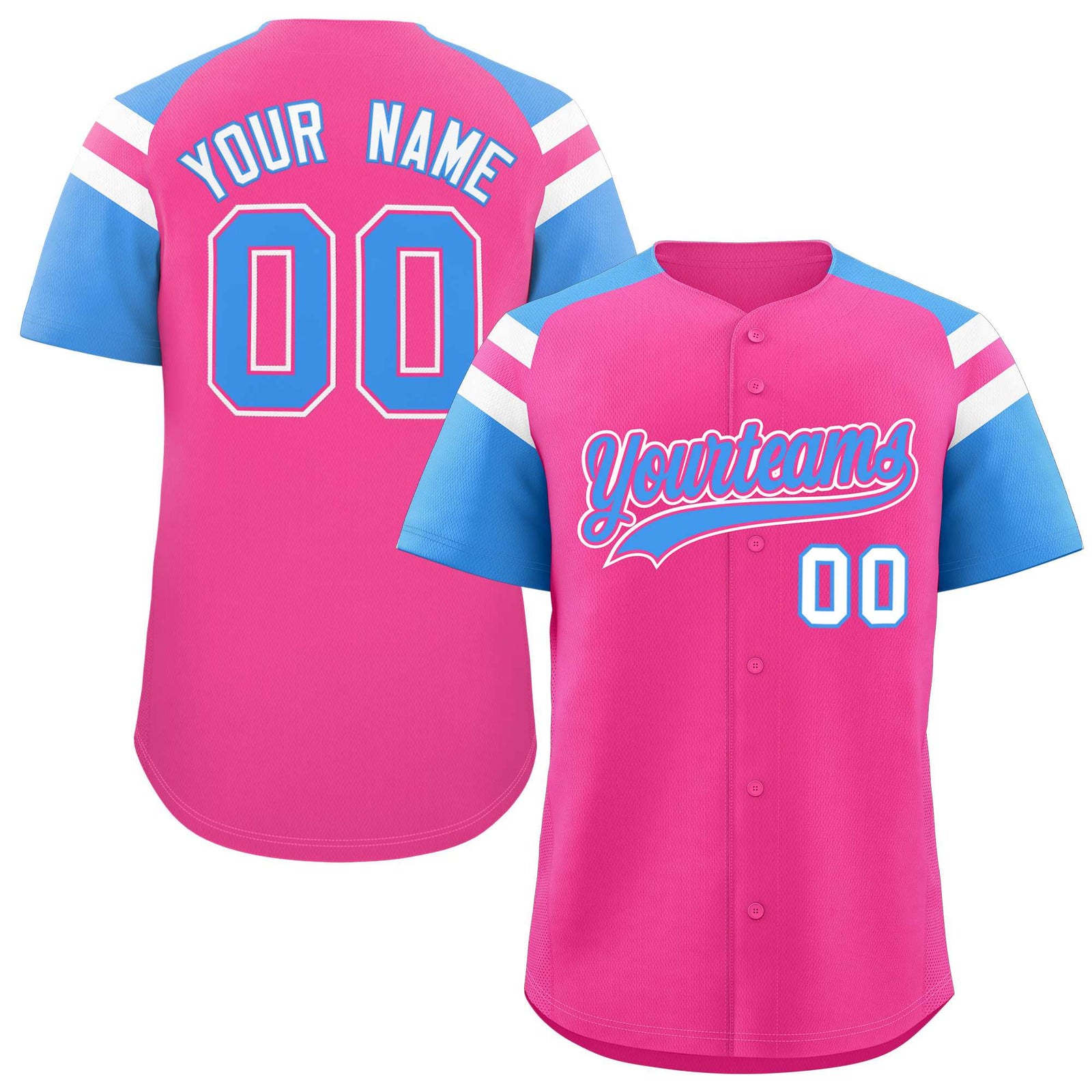 Custom Pink Powder Blue Contrast Raglan Sleeves Authentic Baseball Jersey