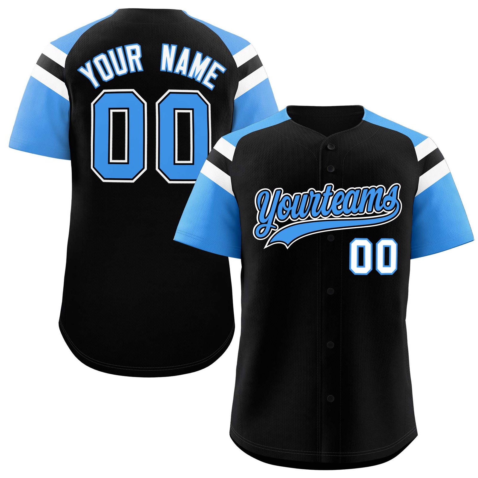 Custom Black Powder Blue Contrast Raglan Sleeves Authentic Baseball Jersey