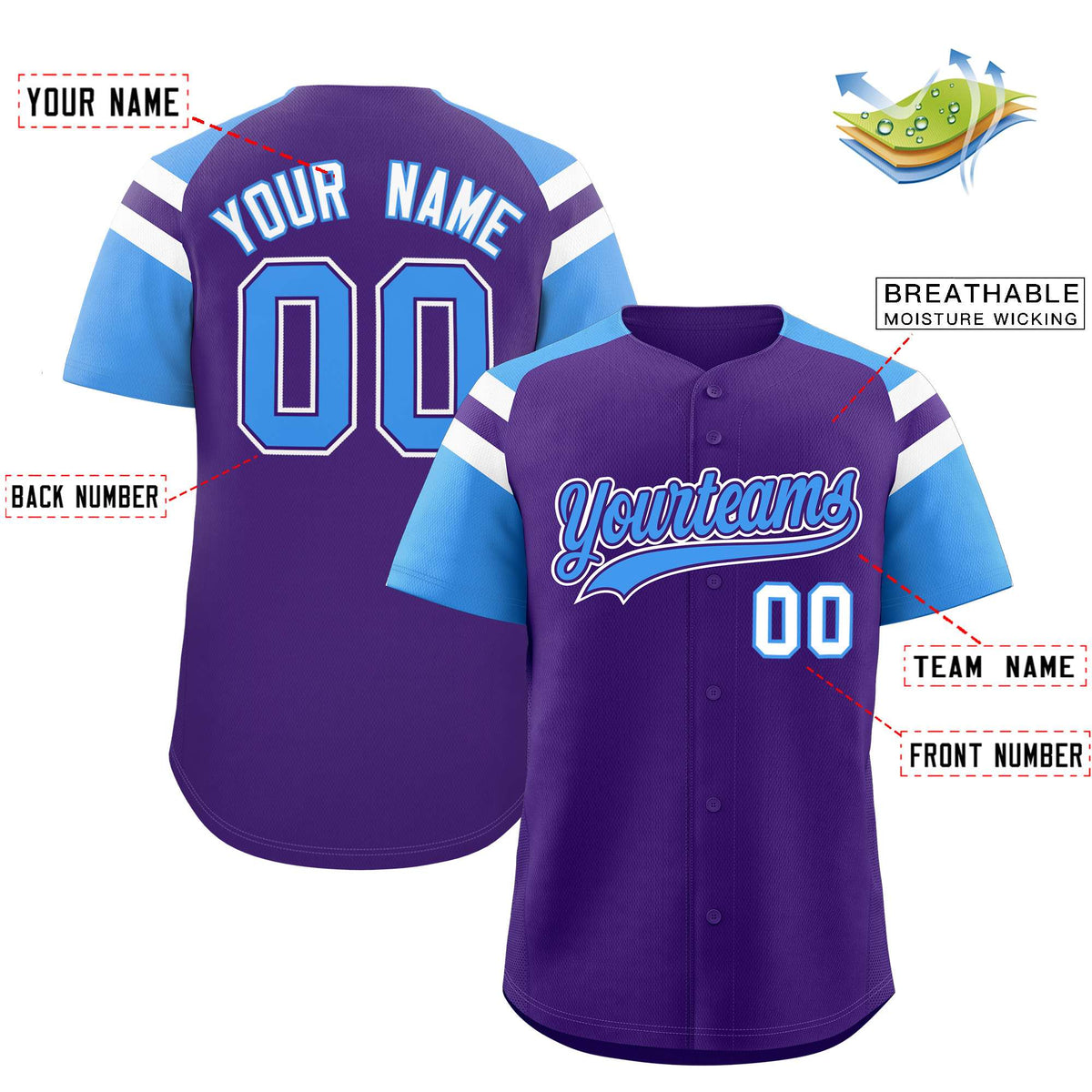 Custom Purple Powder Blue Contrast Raglan Sleeves Authentic Baseball Jersey