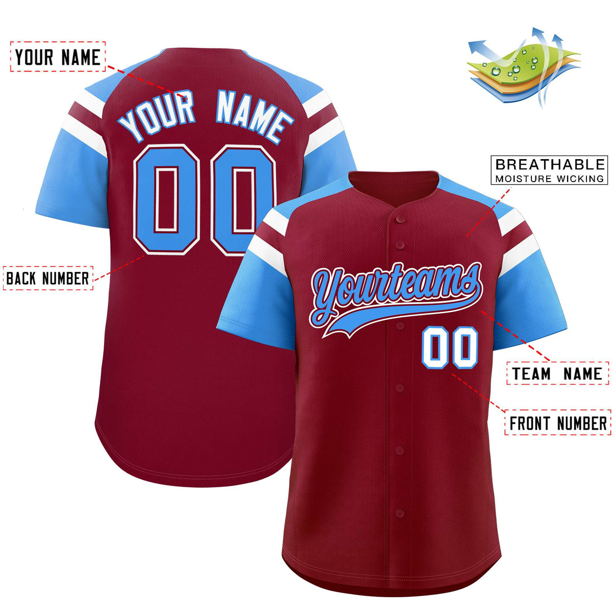 Custom Crimson Powder Blue Contrast Raglan Sleeves Authentic Baseball Jersey