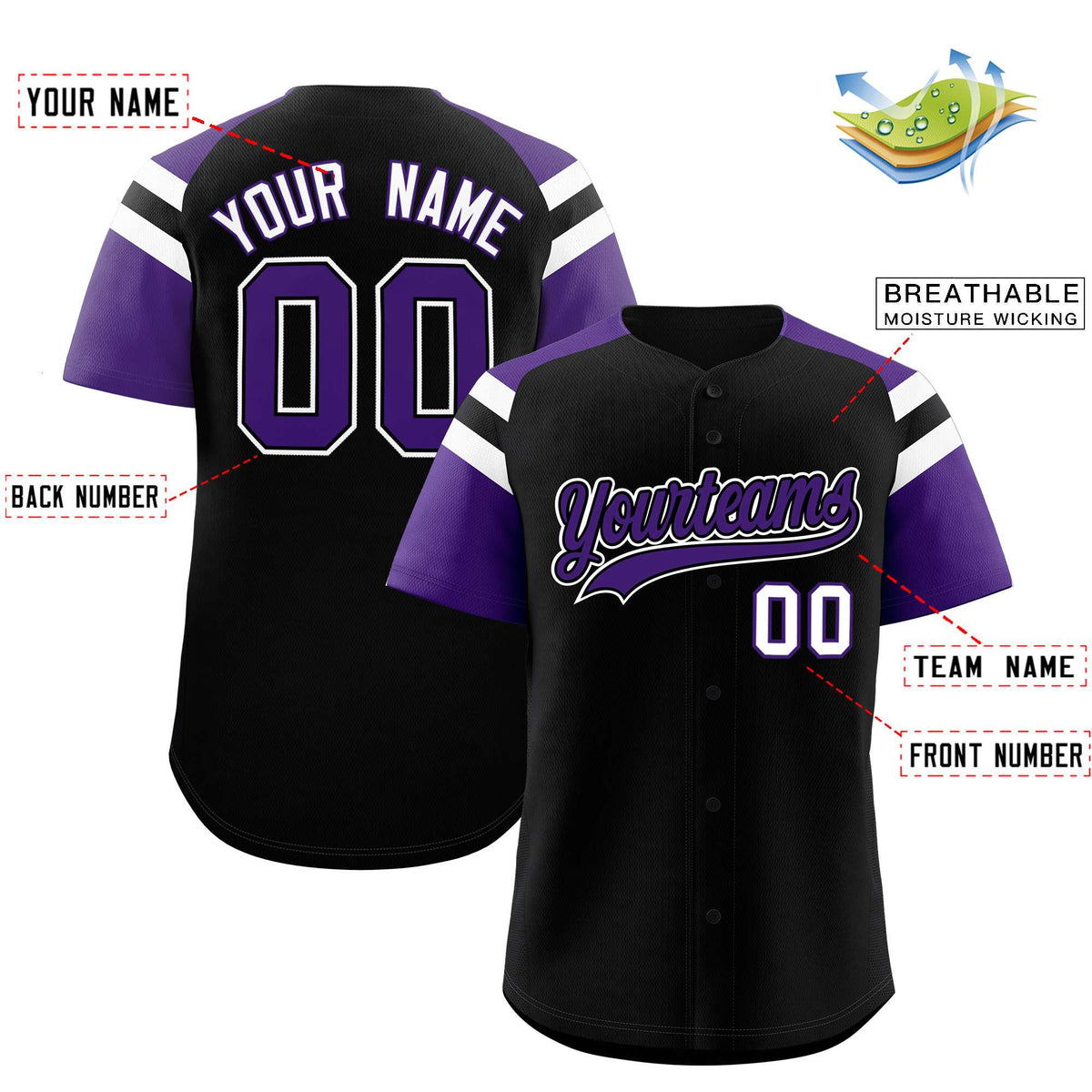 Custom Black Purple Contrast Raglan Sleeves Authentic Baseball Jersey