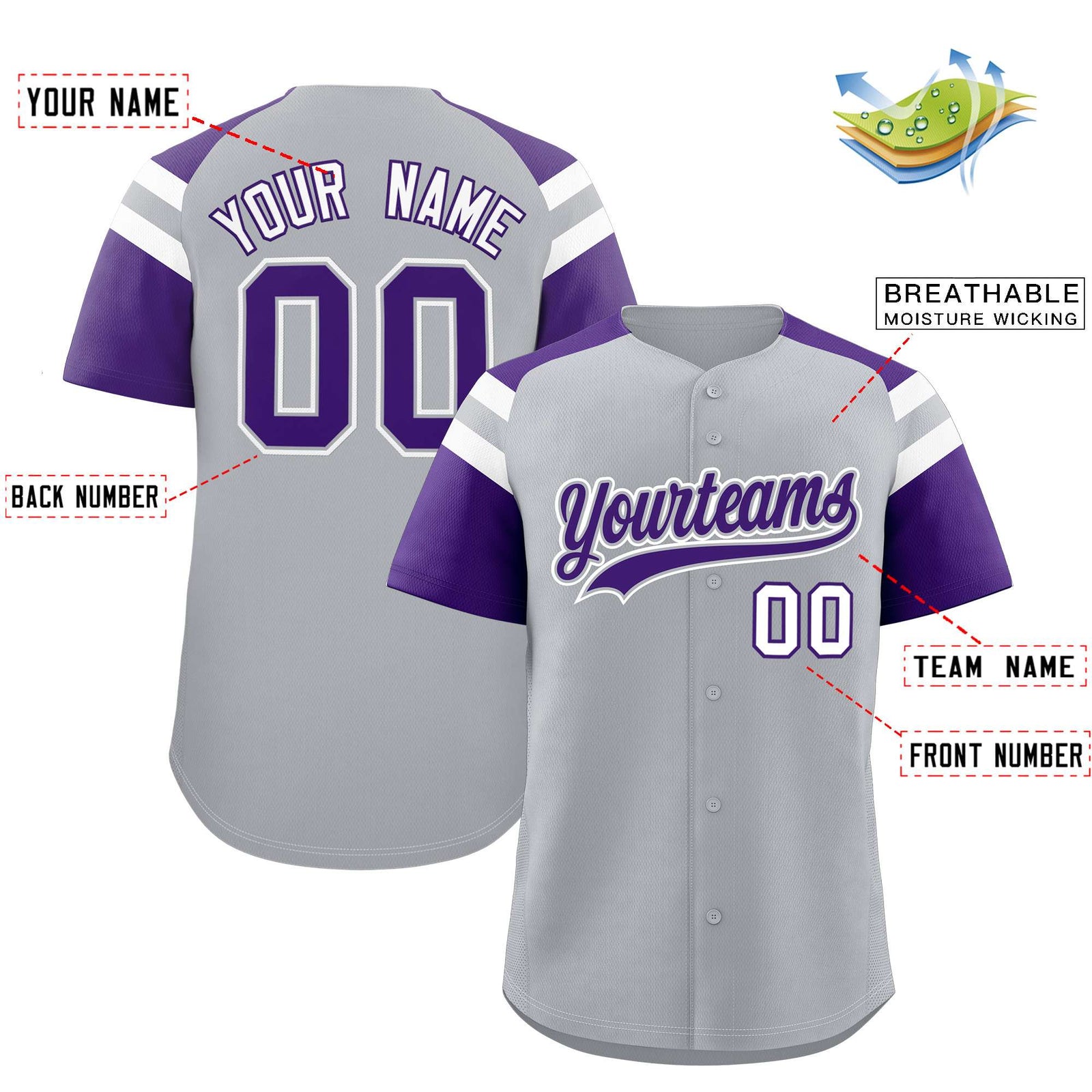 Custom Silver Purple Contrast Raglan Sleeves Authentic Baseball Jersey