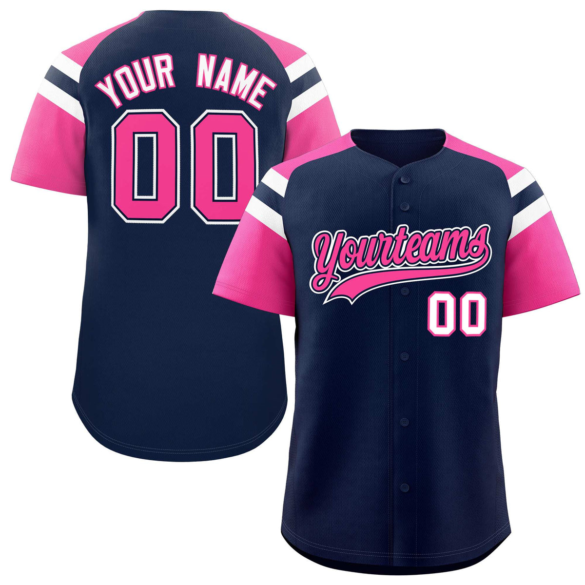 Custom Navy Pink Contrast Raglan Sleeves Authentic Baseball Jersey