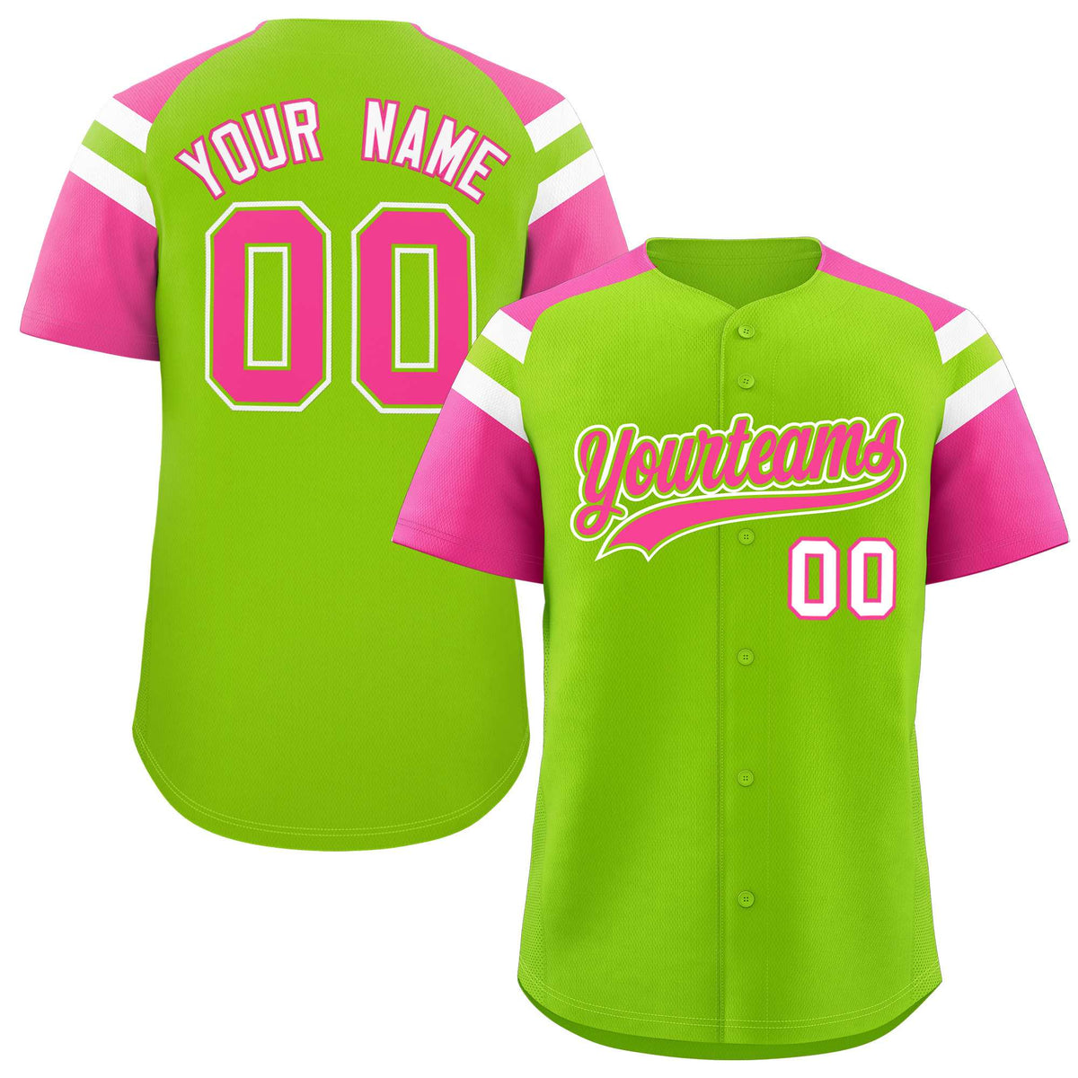 Custom Neon Green Pink Contrast Raglan Sleeves Authentic Baseball Jersey