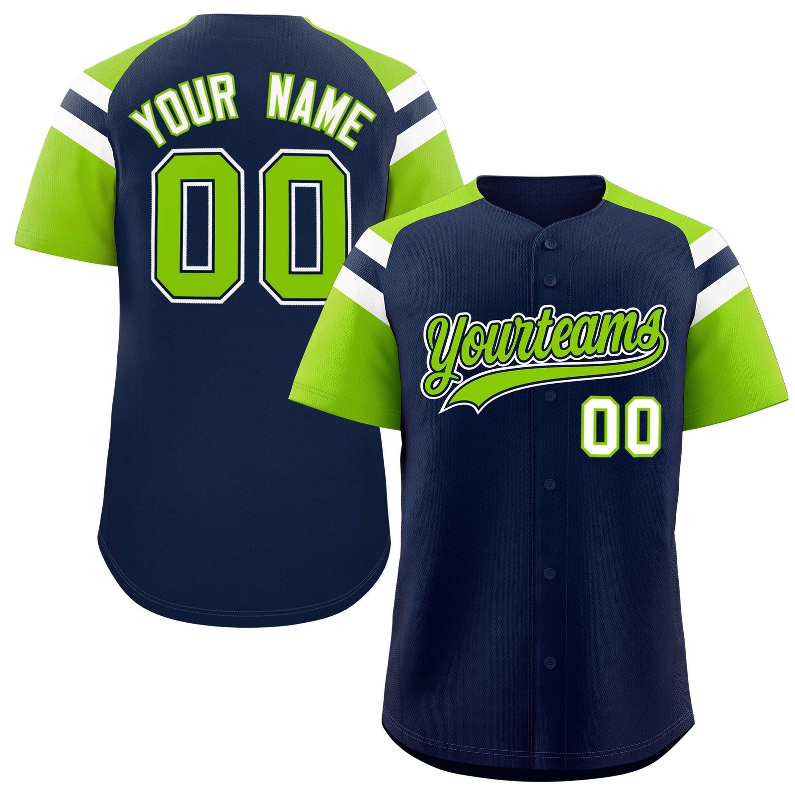 Custom Navy Neon Green Contrast Raglan Sleeves Authentic Baseball Jersey