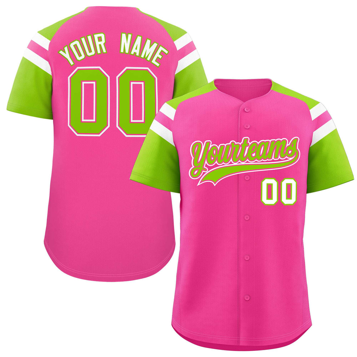 Custom Pink Neon Green Contrast Raglan Sleeves Authentic Baseball Jersey