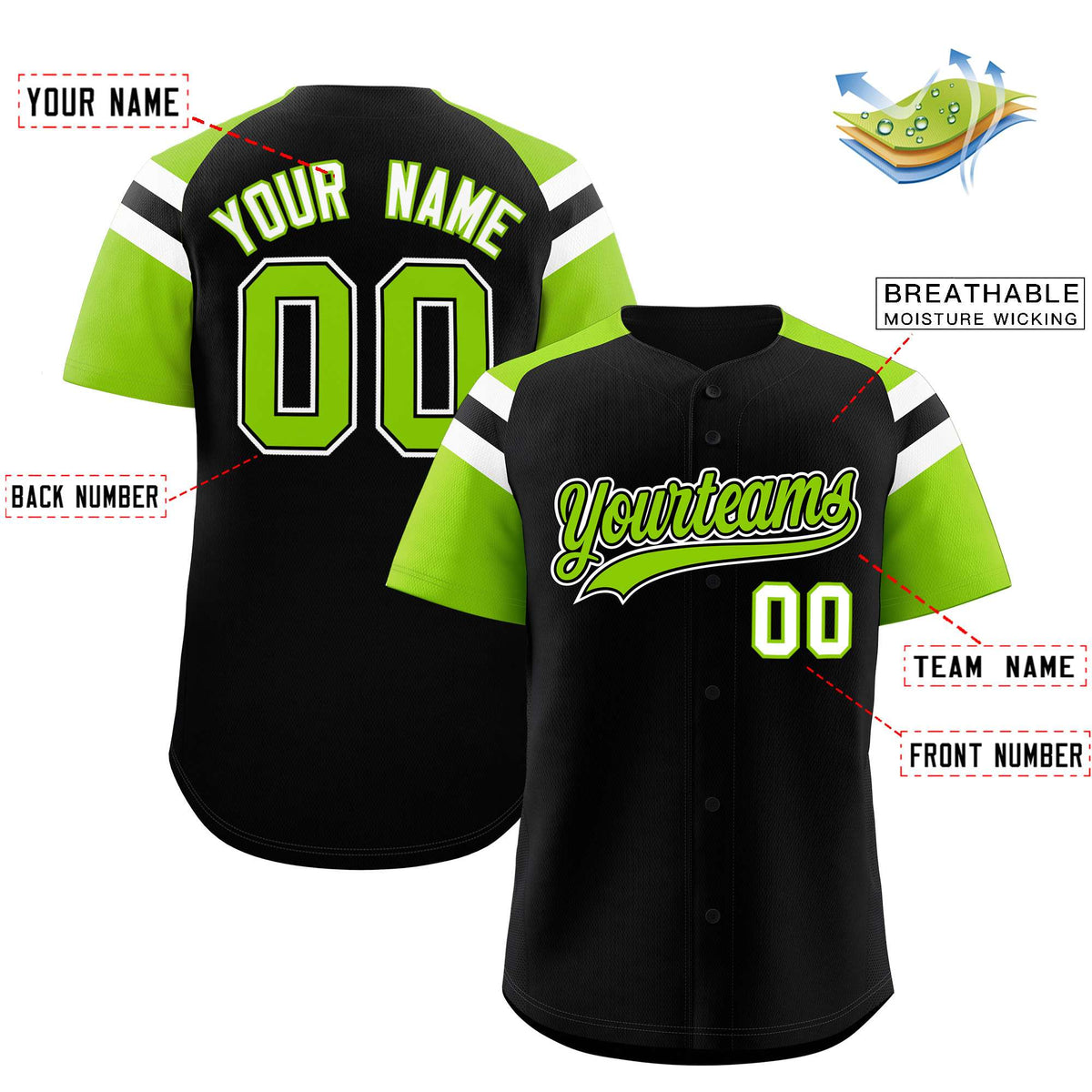 Custom Black Neon Green Contrast Raglan Sleeves Authentic Baseball Jersey