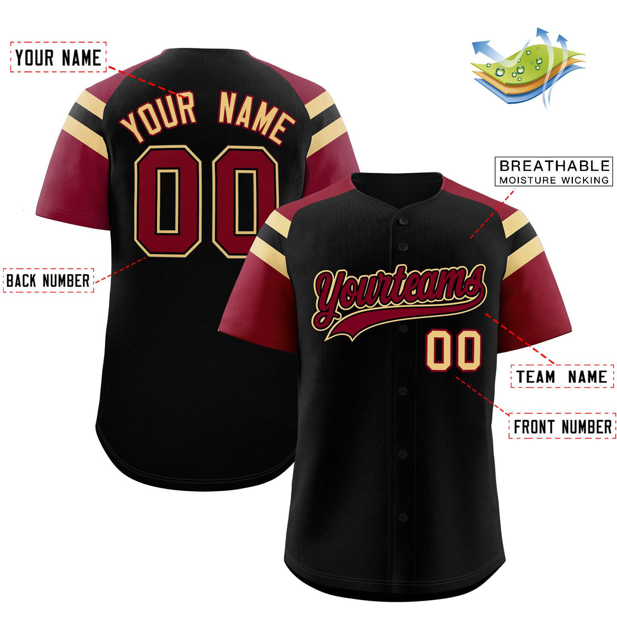 Custom Black Crimson Contrast Raglan Sleeves Authentic Baseball Jersey