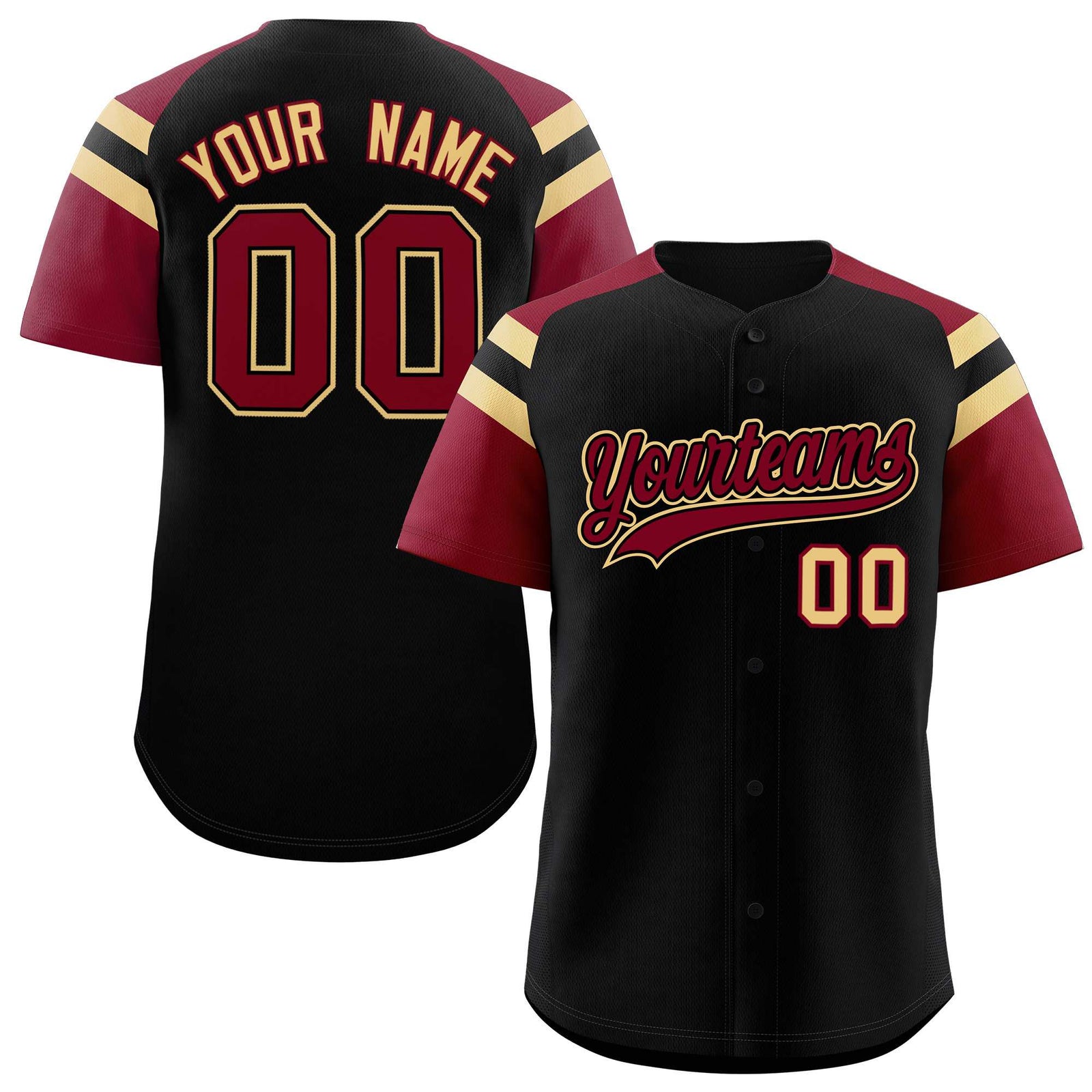 Custom Black Crimson Contrast Raglan Sleeves Authentic Baseball Jersey