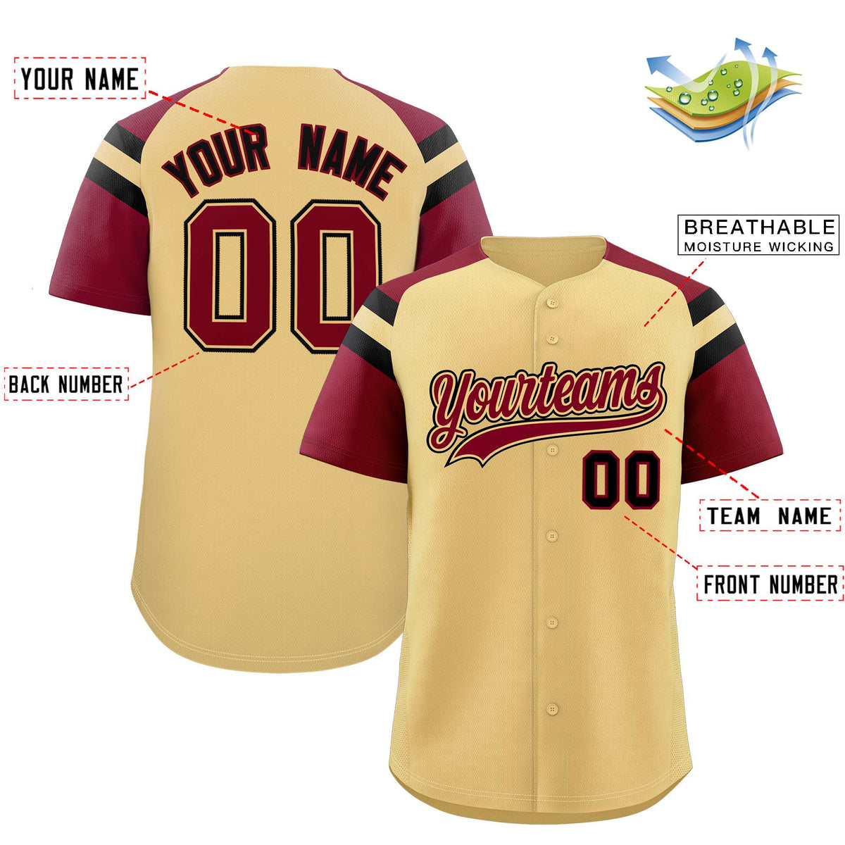 Custom Khaki Crimson Contrast Raglan Sleeves Authentic Baseball Jersey