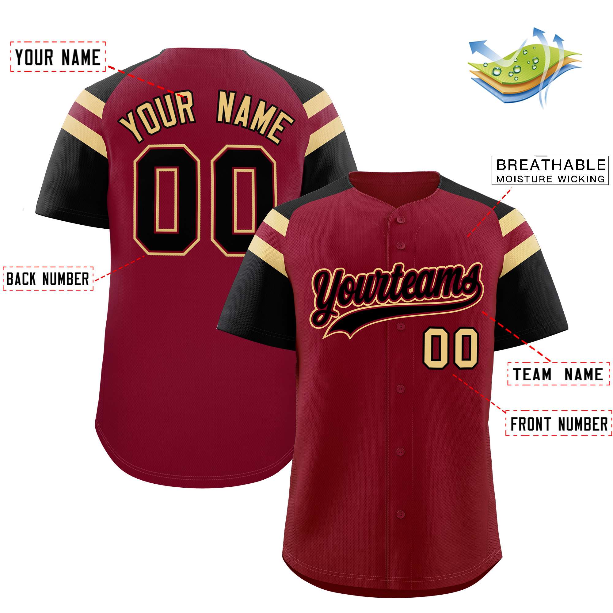 Custom Crimson Black Contrast Raglan Sleeves Authentic Baseball Jersey
