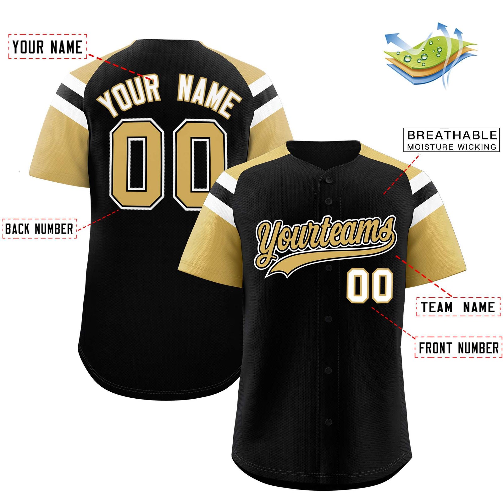 Custom Black Old Gold Contrast Raglan Sleeves Authentic Baseball Jersey