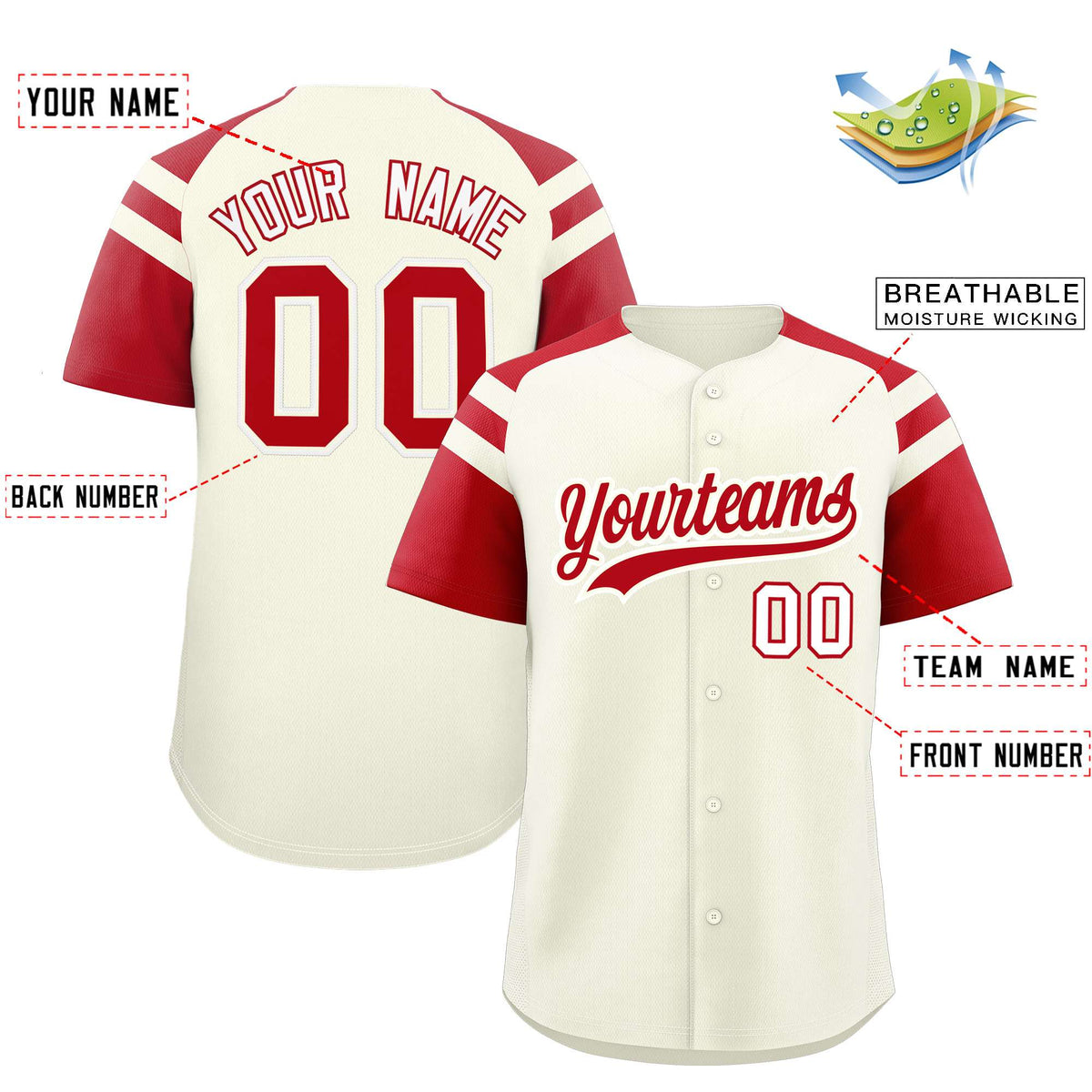 Custom Cream Red Contrast Raglan Sleeves Authentic Baseball Jersey