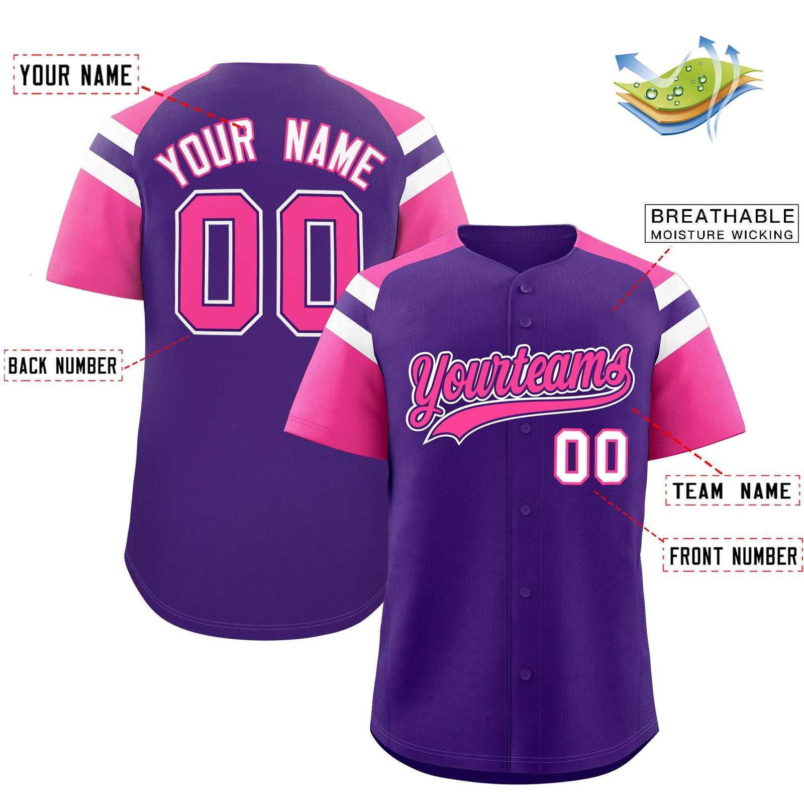 Custom Purple Pink Contrast Raglan Sleeves Authentic Baseball Jersey