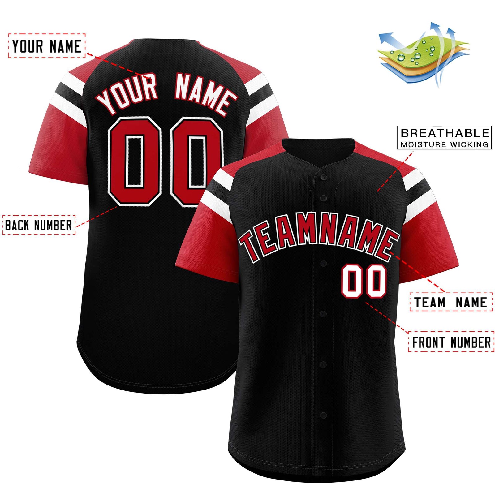 Custom Black Red Contrast Raglan Sleeves Authentic Baseball Jersey