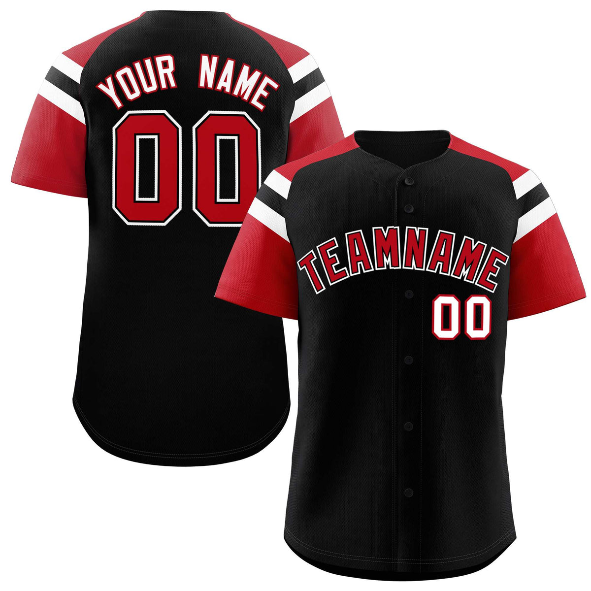Custom Black Red Contrast Raglan Sleeves Authentic Baseball Jersey
