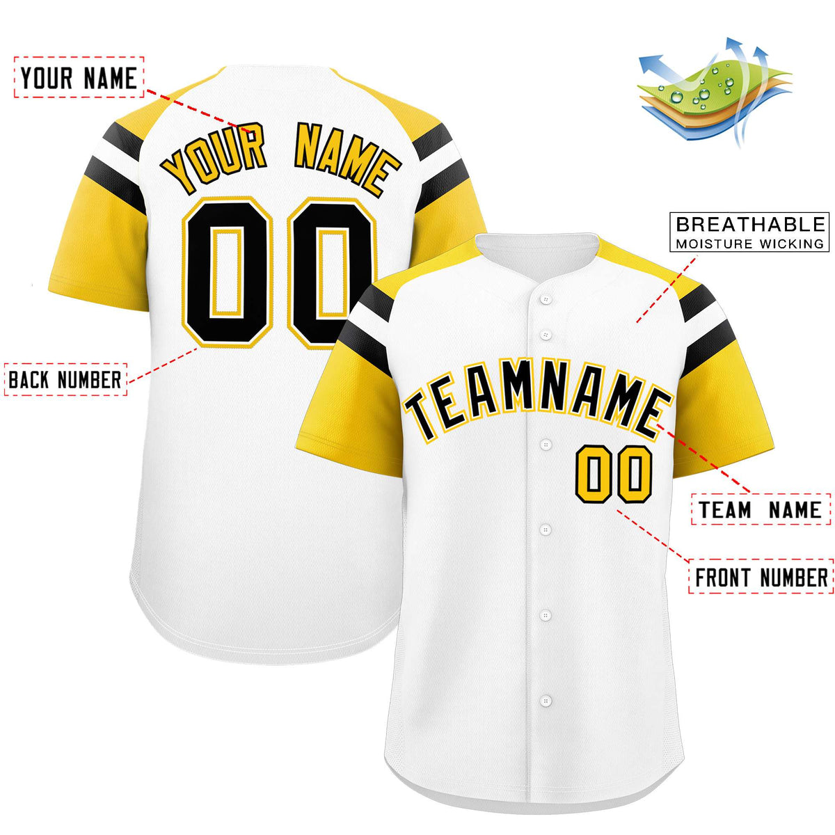 Custom White Gold Contrast Raglan Sleeves Authentic Baseball Jersey