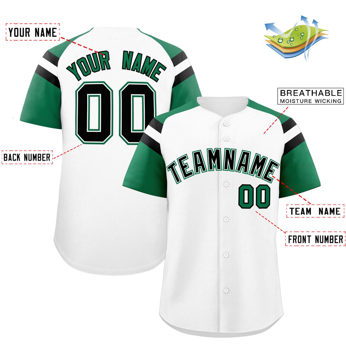 Custom White Kelly Green Contrast Raglan Sleeves Authentic Baseball Jersey