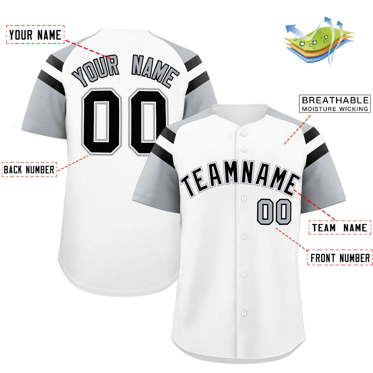 Custom White Silver Contrast Raglan Sleeves Authentic Baseball Jersey