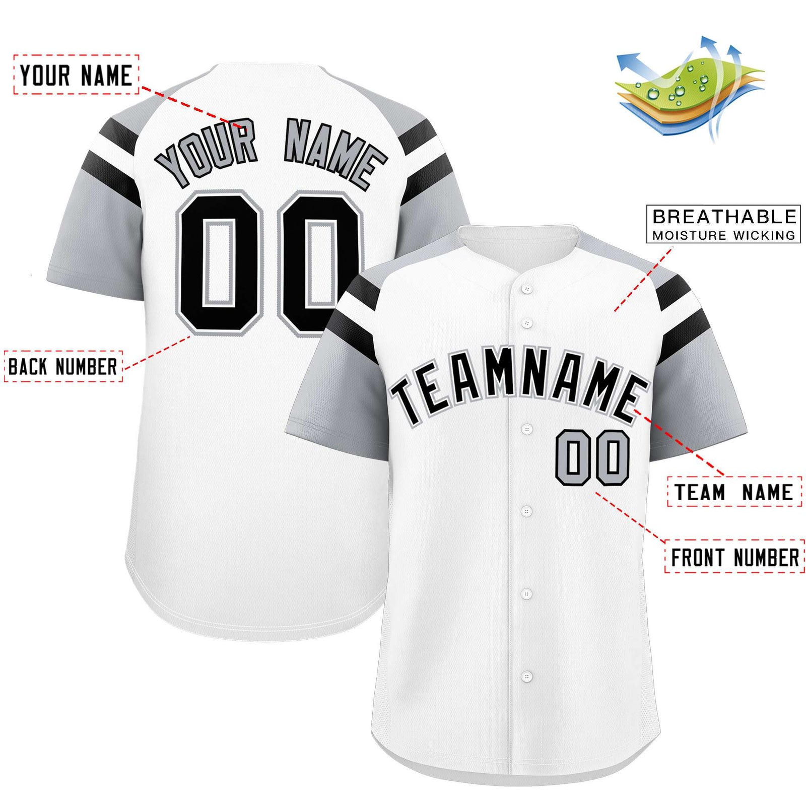 Custom White Silver Contrast Raglan Sleeves Authentic Baseball Jersey