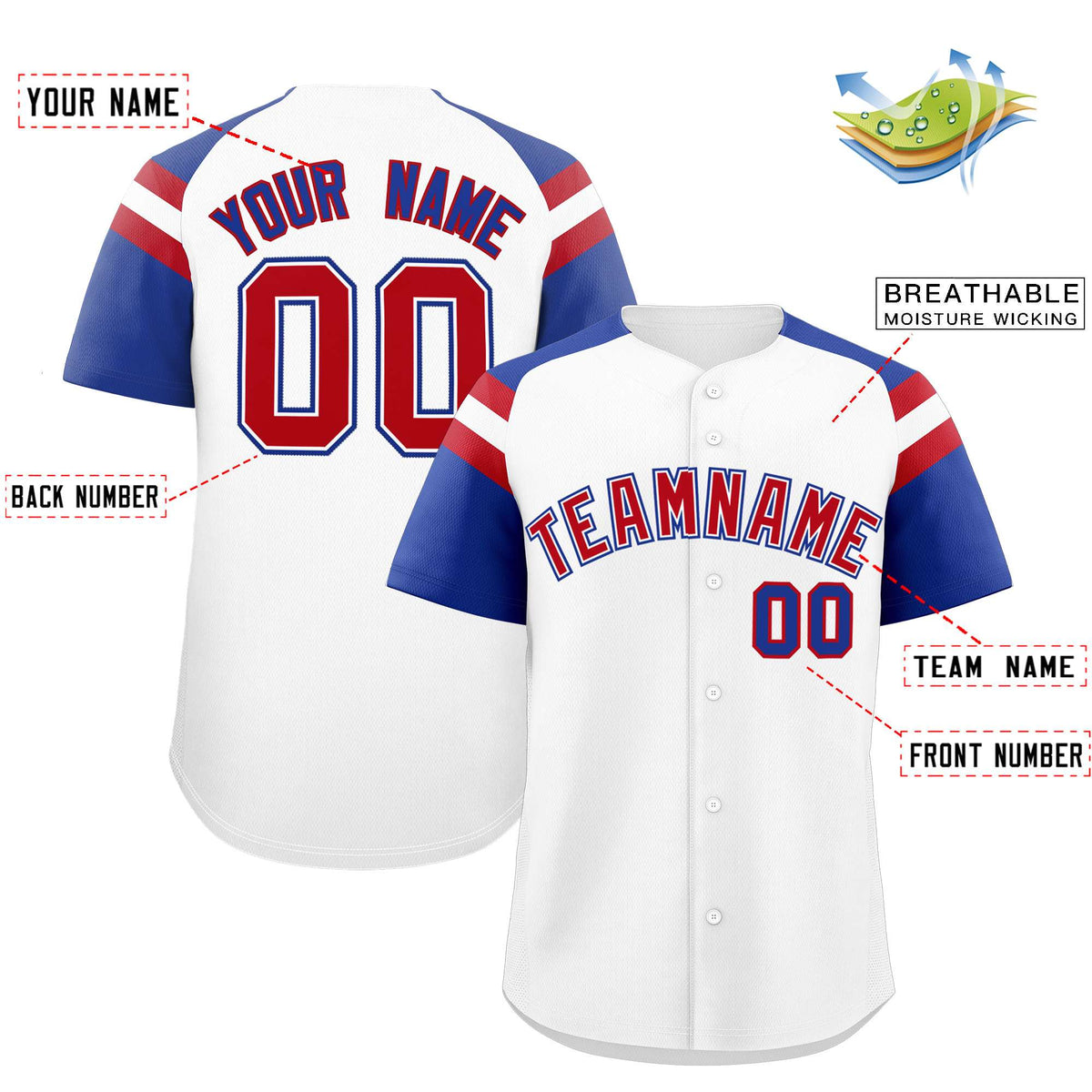 Custom White Royal Contrast Raglan Sleeves Authentic Baseball Jersey