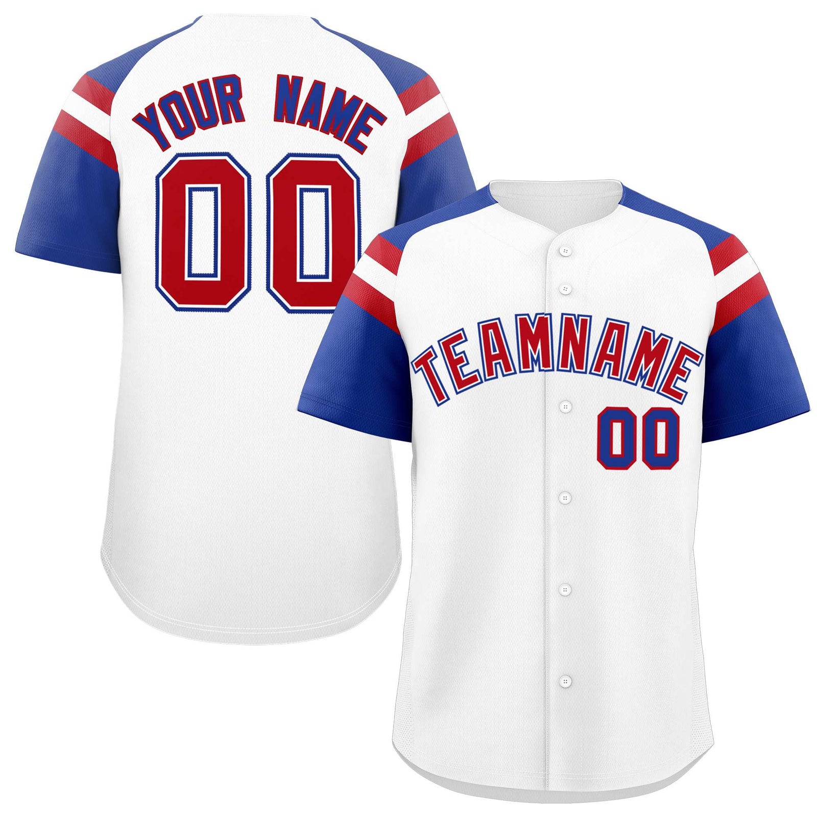Custom White Royal Contrast Raglan Sleeves Authentic Baseball Jersey