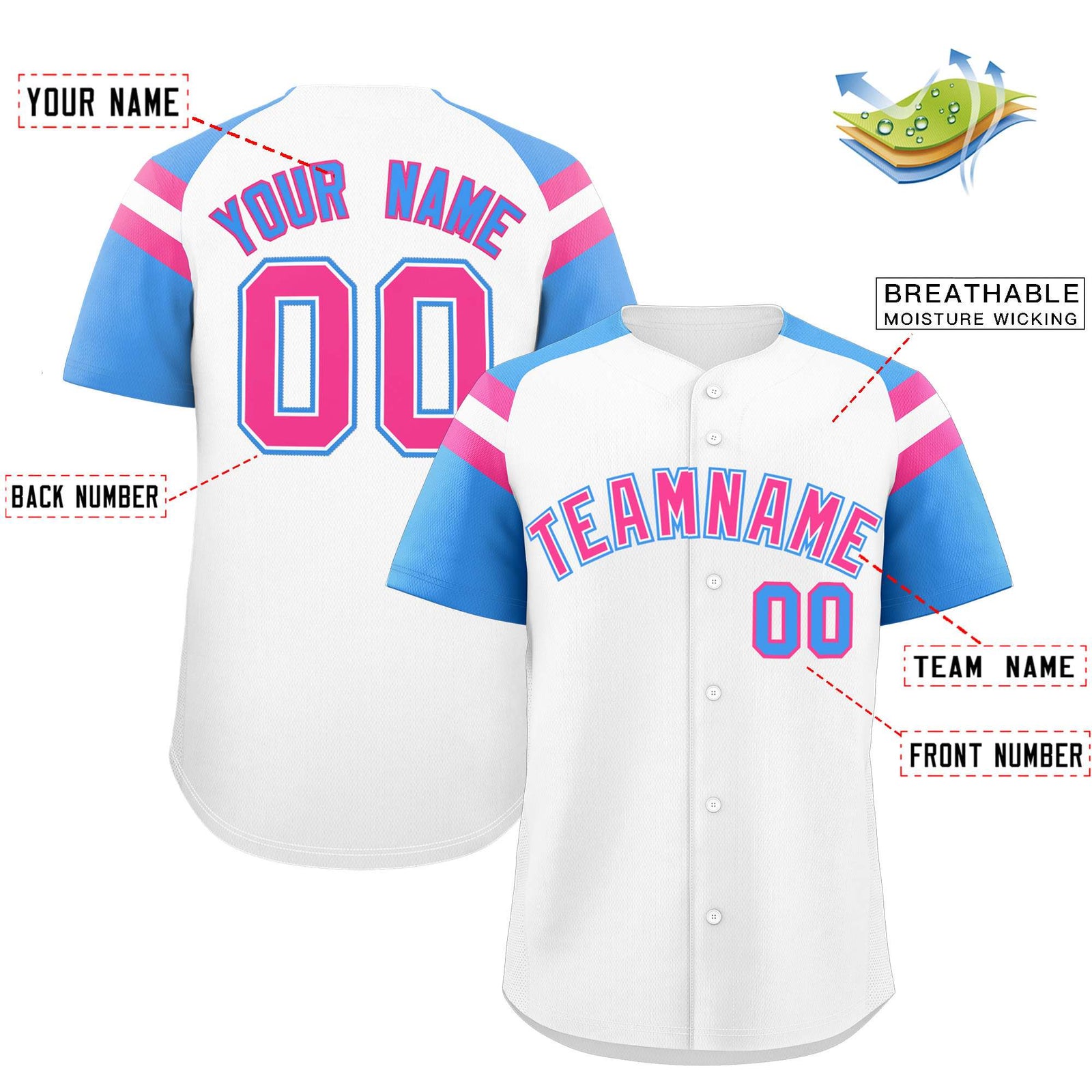 Custom White Powder Blue Contrast Raglan Sleeves Authentic Baseball Jersey